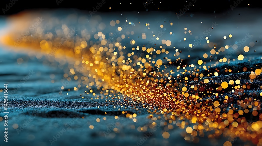 Poster shiny golden bokeh particles flowing on dark blue surface abstract festive pattern