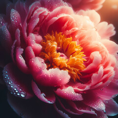 Closeup of Peopny flower with water drops