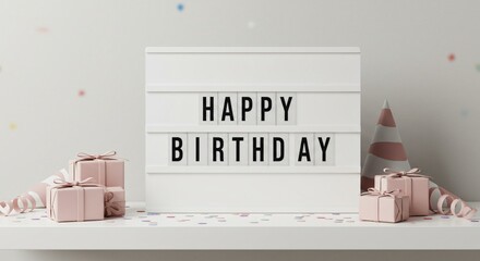 A happy birthday wish displayed on a light box sign decorated with gift boxes, a party hat, scattered confetti. Celebration concept for greeting card.