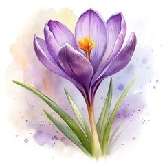 Naklejka premium purple crocus flower painted in watercolor on minimalist white