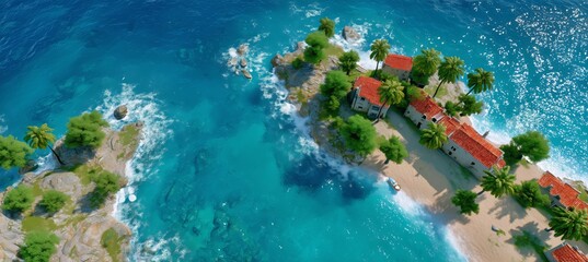 Obraz premium Vibrant Tropical Island With Clear Waters and Red-Roofed Buildings Under a Bright Sky