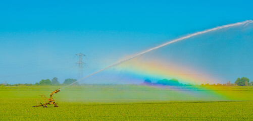 Irrigation equipment in an agricultural field causing a rainbow and watering dry land in...