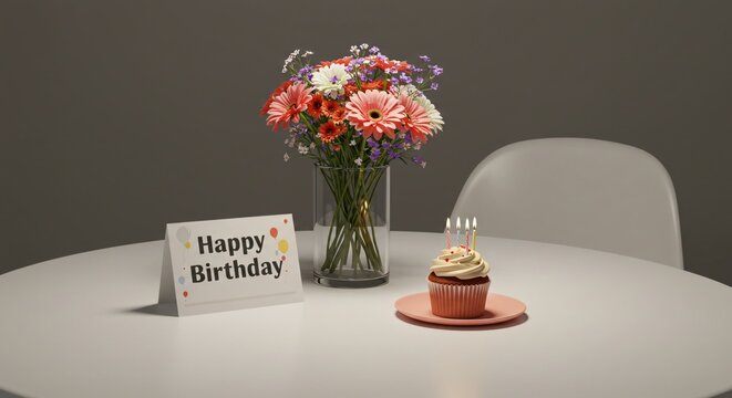 A happy birthday card sits next to a cupcake with lit candles and a vase of flowers on a table, a cheerful celebration concept for greeting card and party poster.