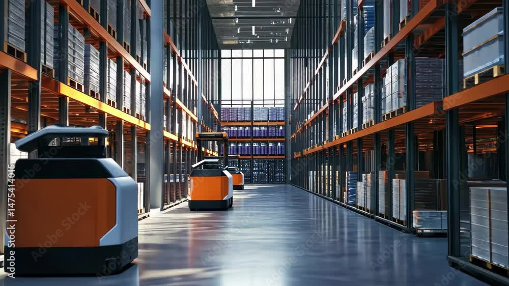 Poster robots managing inventory in a modern high tech warehouse environment during daylight hours, high te