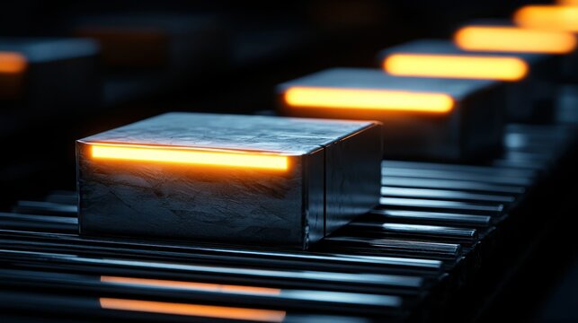 Glowing illuminated metal cubes on a series of parallel bars