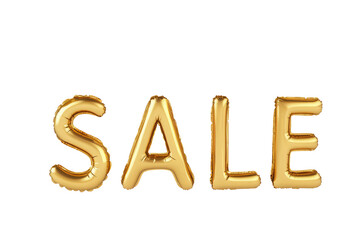 Gold foil balloon letters spelling -sale, on transparent background.