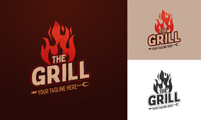 The Grill BBQ Restaurant Logo Set with Fire Icon