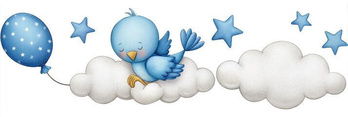 Bluebird's Cloudy Flight - A cute bluebird rests on a cloud, drifting peacefully with a balloon, stars, symbolizing dreams, serenity, freedom, journey, and childhood innocence
