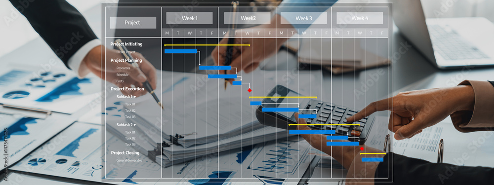 Poster a detailed view of a project management setup featuring a gantt chart, showcasing team collaboration