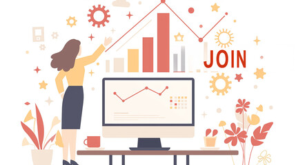 Obraz premium Businesswoman analyzing growth charts in a modern workspace with technology and graphics
