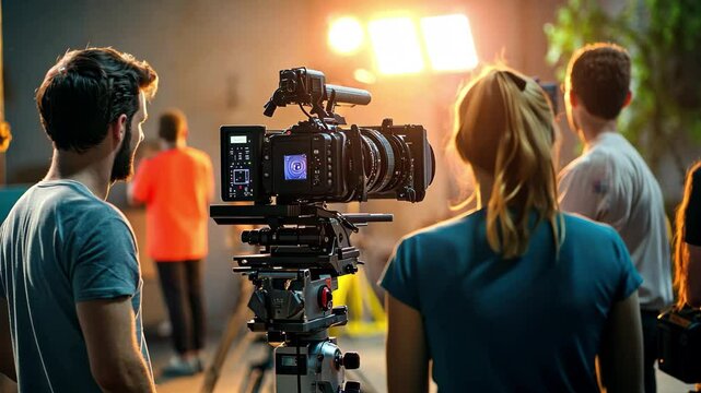 Behind the scenes look at a film production crew working in a studio setting during evening hours, Behind the scenes with TV or film production crew working together on set