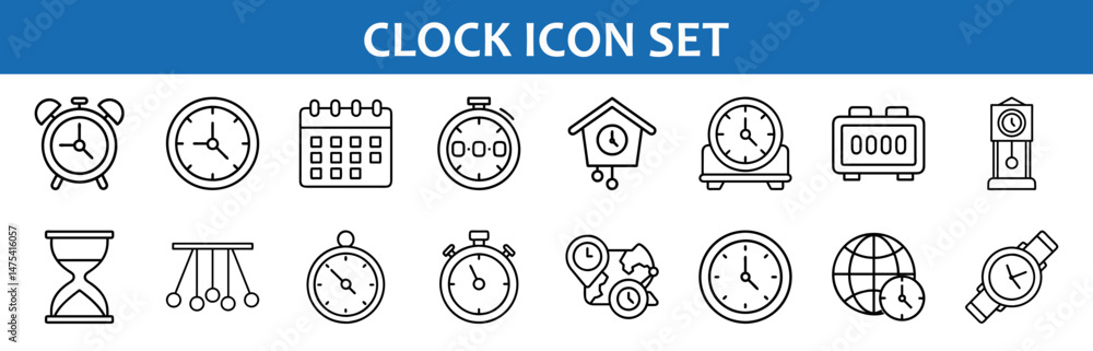 Poster clock time icon set vector illustration featuring alarm clock stopwatch calendar and timer design