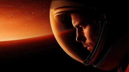 Astronaut contemplating a red planet with visible helmet reflection