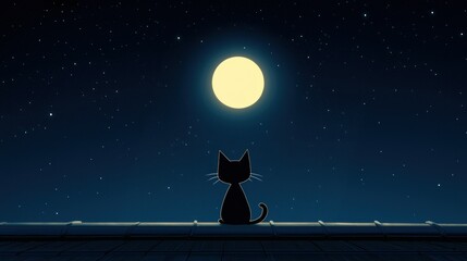 A black cat is gazing up at a bright full moon