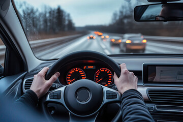 Fototapeta premium Budget car driver navigating a rainy highway during twilight conditions in a modern vehicle