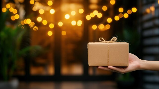 A hand presents a wrapped gift with a twine bow