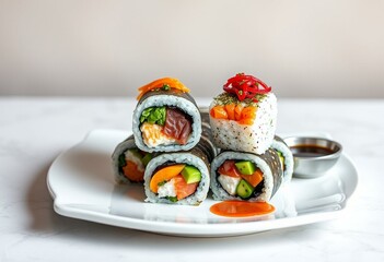 Vegan sushi rolls on a white plate with colorful fillings