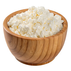 Cottage cheese in a rustic wooden bowl, natural healthy dairy product with creamy texture