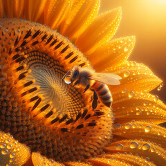 Closeup of Sunflower with a bee and dew drops