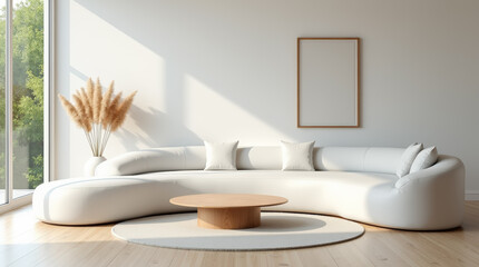 Minimalist home interior design of modern living room with boucle sofa , wooden coffee table and mock up frame on wall
