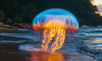 Fototapeta premium Vibrant jellyfish resting on the beach's edge.