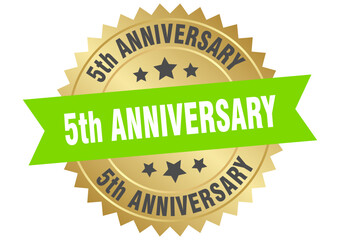 5th anniversary. 5th anniversary round green and gold label isolated on transparent background