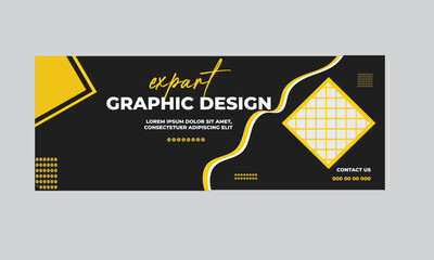 Professional business facebook cover page timeline web ad banner template with photo place modern layout black background and shape and text design.