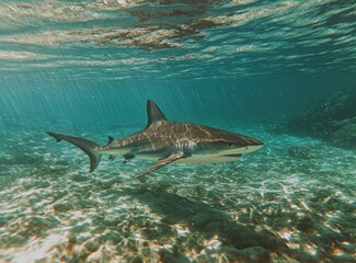 Fototapeta premium Shark Swimming Underwater in Clear Ocean Water
