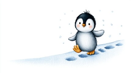 Obraz premium Cute Penguin Winter Walk - A happy penguin takes a stroll in the snow, symbolizing winter joy, playful adventure, cute animals, childlike wonder, and peaceful serenity