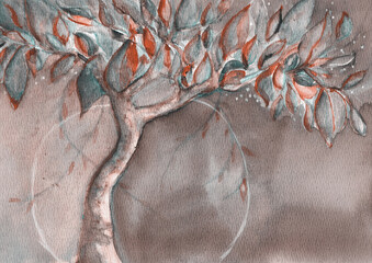 Whispers of the Earth – Artistic Watercolor Tree with Abstract Leaves, hand-made watercolor