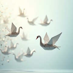Fototapeta premium Origami Swan Flight a captivating scene of paper swans gracefully soaring through a serene, pastel-toned sky, creating a sense of tranquility and delicate beauty.