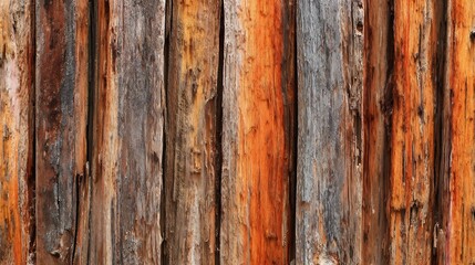 Fototapeta premium Weathered vertical wooden planks brown orange tones showcasing natural imperfections textures of aged wood rich warm colors a rustic charm and earthy feel cut out on isolated transparent background