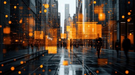 Urban cityscape with digital overlays