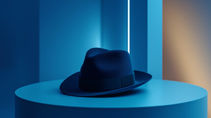 A hyper-realistic 3D render of a navy blue hat, perfectly positioned in a high-tech showroom