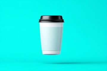 Disposable Coffee Cup Mockup - A clean, minimalist of a single disposable coffee cup with a black lid against a vibrant cyan background. Symbolizing: freshness, convenience, branding, portability
