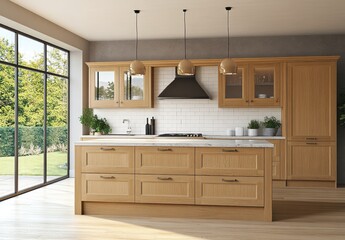 Modern kitchen interior with wooden cabinetry.