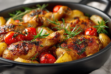 Close-up of golden roasted chicken drumsticks with baby potatoes, cherry tomatoes, and fresh rosemary in a black casserole dish.
