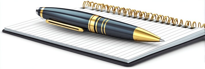 Elegant Pen and Notepad - A sophisticated gold and dark-blue pen rests on a spiral notepad, suggesting ideas, planning, or writing