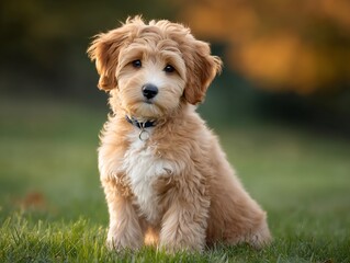 Golden puppy sits alert in green field
