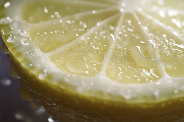 Bright lemon slice reveals juicy droplets and textured pulp, highlighting its freshness and vibrancy. Captured in high detail, the image emphasizes the fruits natural beauty and appeal