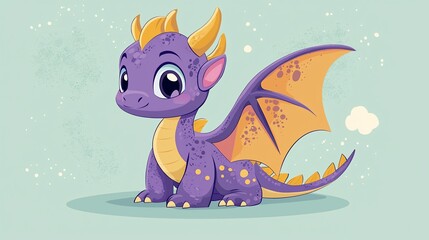 Cute dragon, cartoon, light teal background