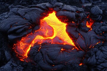Bright orange lava flows are captured cooling into solid dark rock, showcasing the intense heat and dynamic texture of volcanic activity in stunning detail