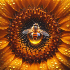 Closeup of Sunflower with a bee and dew drops