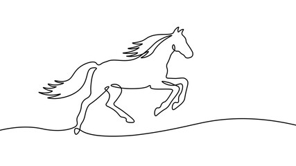 Obraz premium Black horse jumps gracefully. Mane tail legs detailed with smooth continuous line. Equine themed branding logo design. Simple line art style with plain white background vector illustration