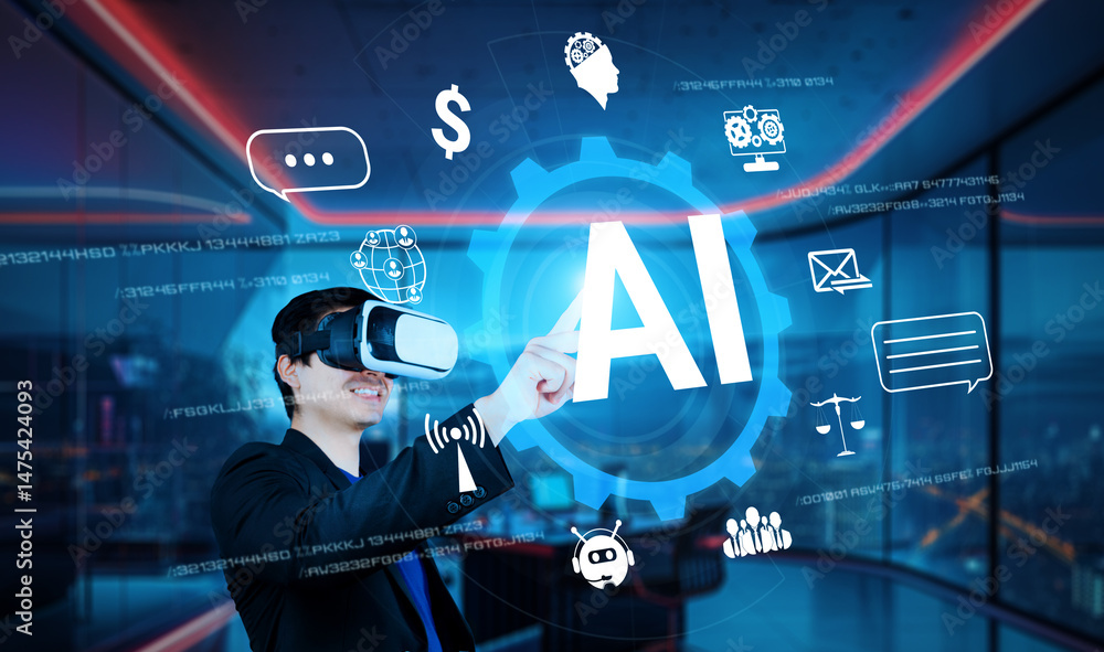 Poster smart project manager pointing at ai chat hologram and wearing headset at modern office. professiona
