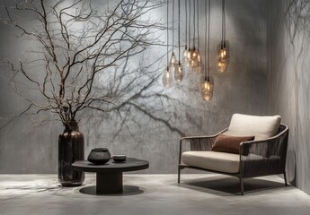 Modern lounge area with hanging lamps and a dark coffee table.