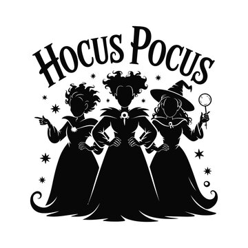 Three Hocus Pocus Witches Silhouette with Magical Elements