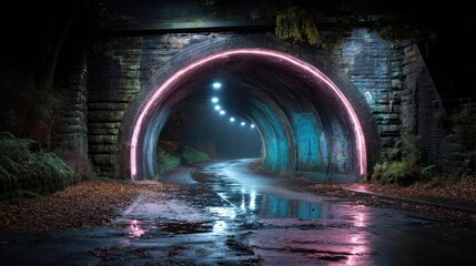 Illuminated Tunnel with Glowing Lights and Wet Road