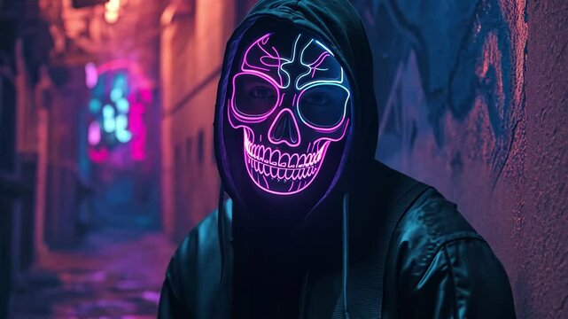 Neon skull mask figure in a dimly lit urban alley at night, A hooded figure with a glowing neon skull mask stands in a dimly lit alleyway