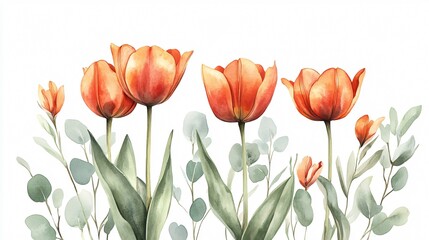 Obraz premium Vibrant Spring Flower Arrangement of Tulips and Eucalyptus on an Isolated Background